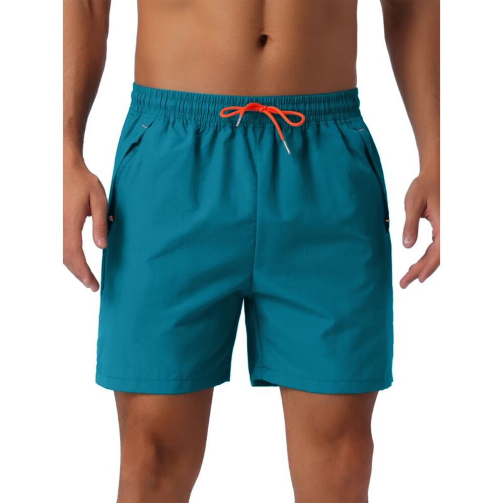 Summer Elastic Waist Drawstring Mesh Lining Swimming Beach Shorts Blue